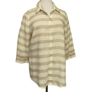 Chico's 100% Linen Button Front Blouse Striped Front Chevron Back Tan White Sz 2